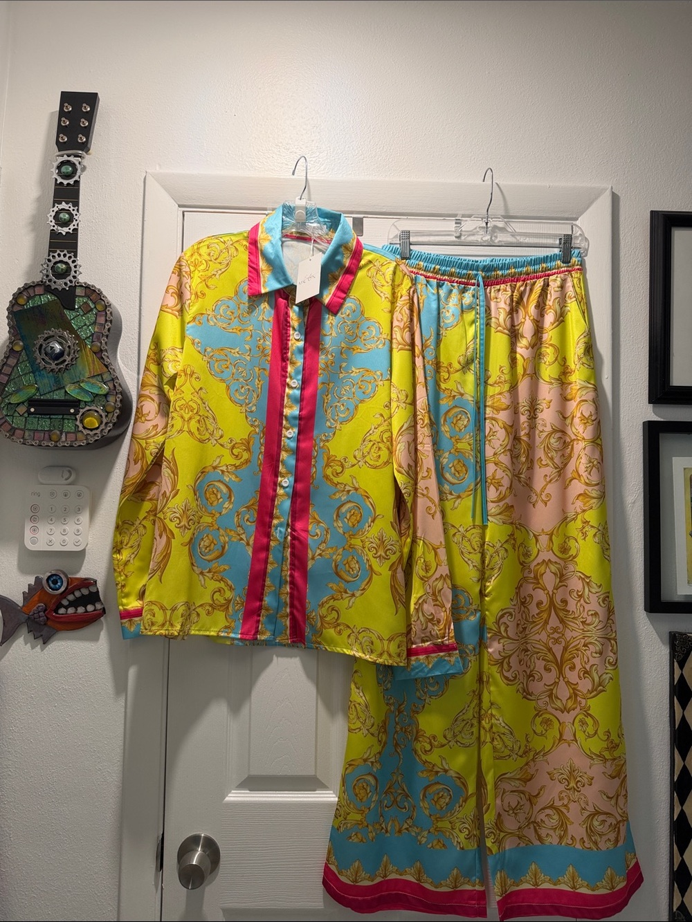 Yellow Baroque Print Pajama Set with Pink Trim large.  Fits size 12 well